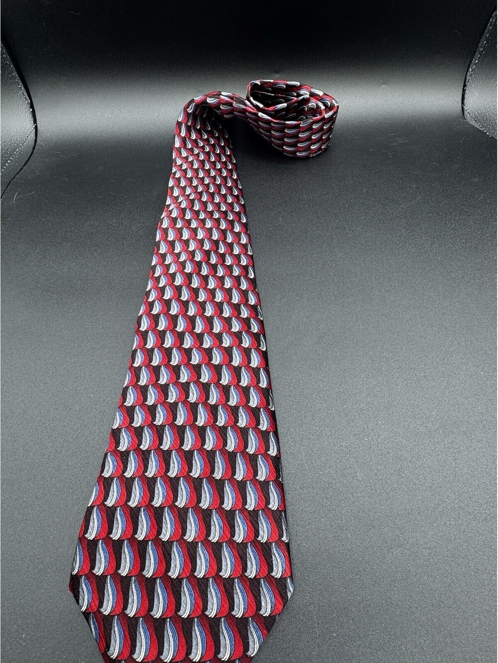 Puritan Silk Tie Red Blue Gray Geometric Abstract Pattern Stain Resistant USA